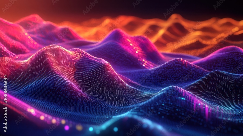 Poster abstract graph of data and technology, featuring layered geometric shapes in various colors that ris