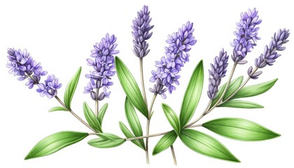 Naklejka premium Lavender blossoms: botanical art of purple flowers with green leaves on white background