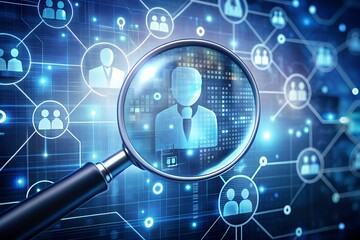 Obraz premium Magnifying glass on digital identities close-up, character ICONS and check marks, technical interfaces floating in the background, identity security technology used by businesses