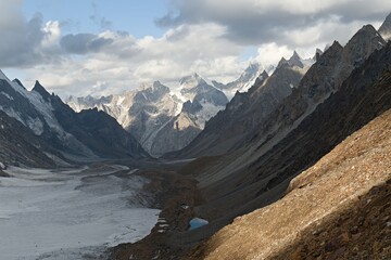 View from Gondogoro La mountain saddle, 5,585 meters high, of Gondogoro Glacier, Laila Peak and K1 Masherbrum. Karakoram Mountains. Gilgit-Baltistan region. Pakistan. Asia.