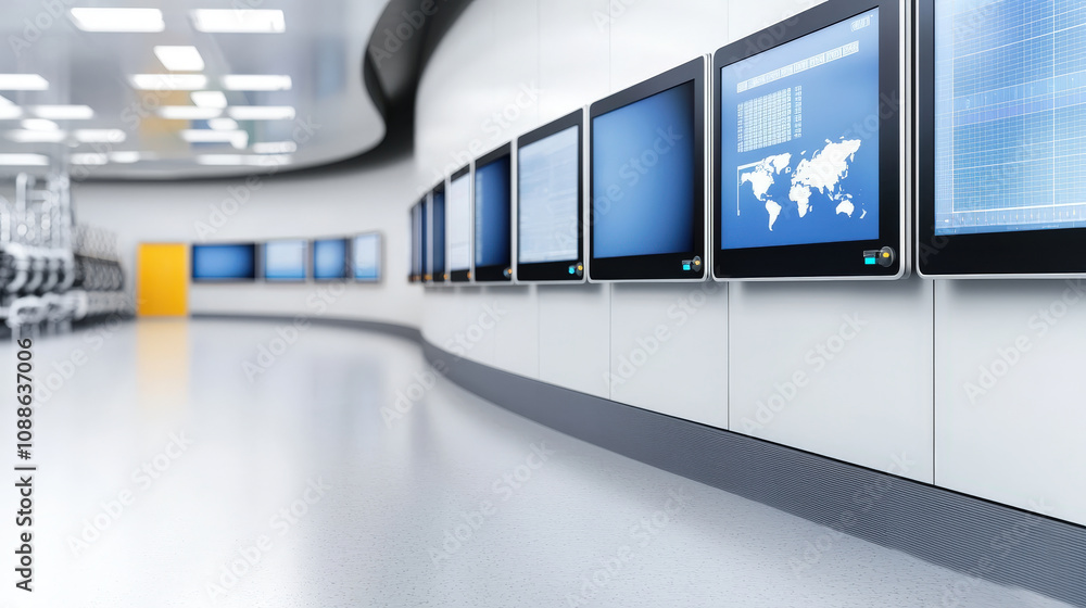 Poster control room in petrochemical plant featuring multiple screens displaying data and maps. modern desi