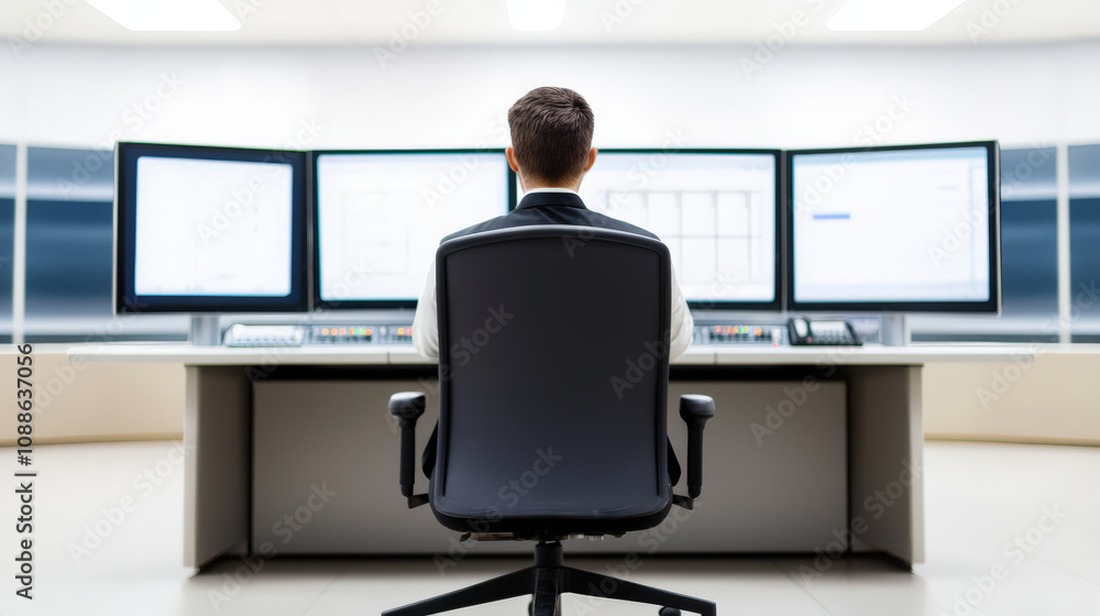 Poster control room in petrochemical plant with multiple screens displaying data. operator monitors operati