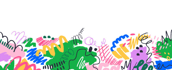 Scribble doodle style border design. Abstract shapes, elements, drawings, horizontal decoration. Hand-drawn freehand squiggles, creative banner. Flat vector illustration isolated on white background