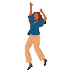 Cheerful woman leaping high in celebration, expressing happiness and success. Vector on white.