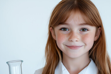 Portrait of young girl in a science lab holding glass beaker, celebrating International Day of Women and Girls in Science, focusing on STEM education, curiosity, empowering future female scientists
