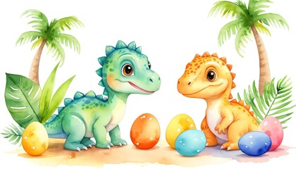 Colorful dinosaurs and eggs: whimsical tropical scene with palm trees