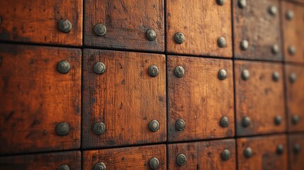 Fototapeta premium Rich Brown Wooden Paneling with Metal Studs Rustic Texture Background