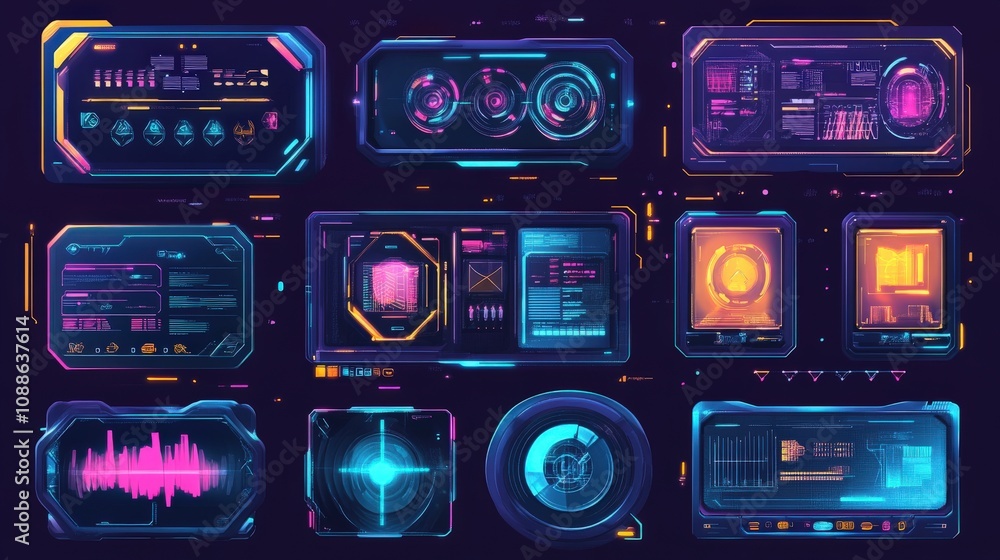 Poster futuristic neon interface panels with data displays
