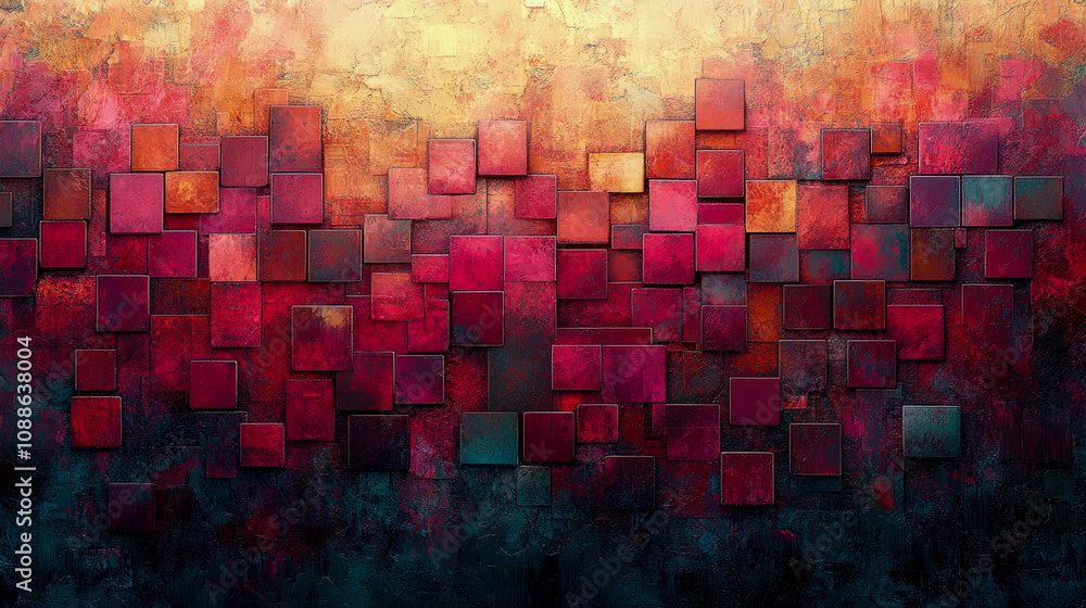 Poster vibrant arrangement of red and orange squares creates an eye-catching abstract design with depth and