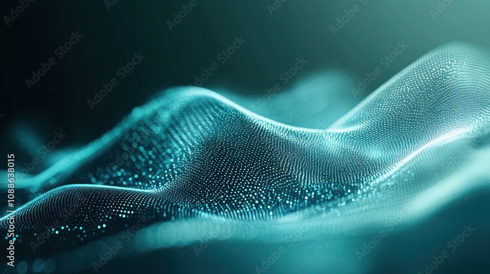 Poster teal glowing lines intersecting and blending with soft blurred shapes,