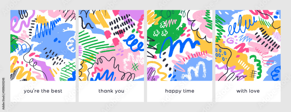 Poster abstract doodle card designs set. colorful scribbles, modern playful shapes pattern, vertical backgr