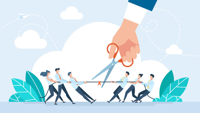 Use scissors to cut the ropes of two teams tug of war on the cliff. Negotiation or stop fighting concept. Mediation as conflict compromise and solution management person concept. Vector illustration