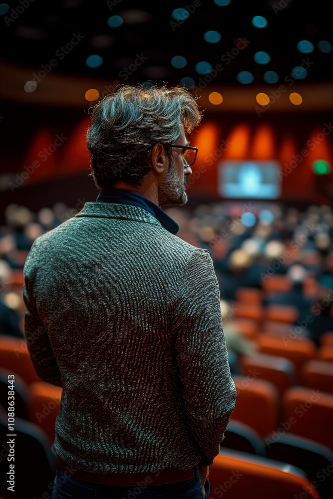 Poster an attentive audience filled a spacious lecture hall, focusing on a speaker while an individual stan