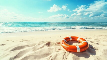 Lifebuoy On The Sandy Beach In Front Of Idyllic Sea.