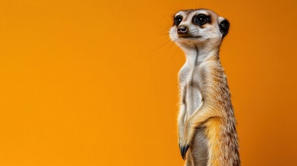 Naklejka premium A meerkat stands alert against a vibrant orange backdrop. AI.