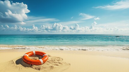 Obraz premium Lifebuoy On The Sandy Beach In Front Of Idyllic Sea
