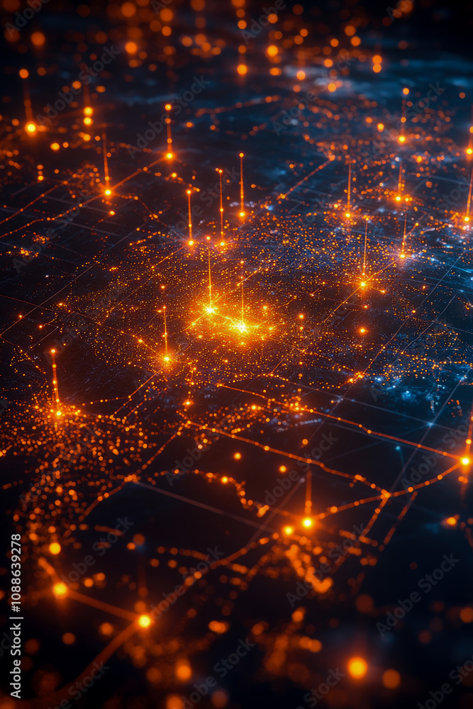 Poster a network of interconnected cities illuminated by glowing points of light, showcasing technological 