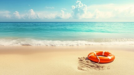 Obraz premium Lifebuoy On The Sandy Beach In Front Of Idyllic Sea
