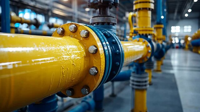 Large yellow pipes are connected with blue fittings inside a modern industrial facility