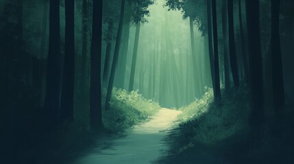 Fototapeta premium Winding Forest Trail, a serene pathway meandering through towering trees, dappled sunlight filtering through leaves, inviting exploration and tranquility in nature's embrace