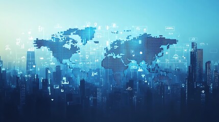 Digital map of the world with icons representing networking connection background