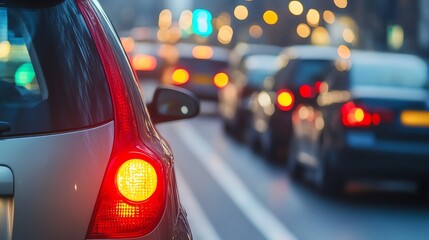 Cars are stopped in traffic in the city at dusk.