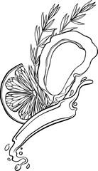 Clip art of monochrome oyster and lemon and rosemary.