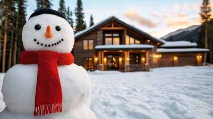 Naklejka premium Festive Snowman Cozy Cabin Winter Wonderland Christmas Eve
