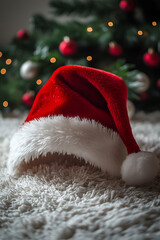 santa claus hat, christmas decorations, white background，using a canon eosr5 camera with an aperture of f/2.8, top view