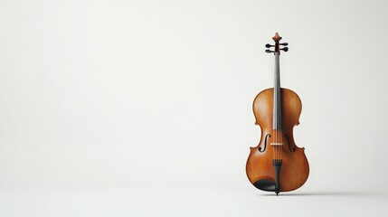 Classic wooden violin on minimalist white background with copy space