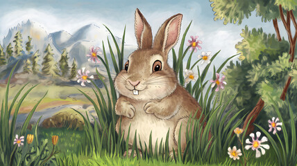 A chubby rabbit hiding in tall grass, with flowers all around him.