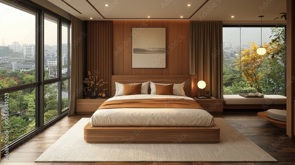 Poster modern bedroom design with panoramic views and natural elements creating a serene atmosphere