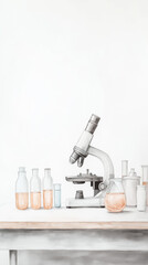 Watercolor illustration of a laboratory setup with a microscope, glass bottles, and flasks on a wooden table, celebrating International Day of Women and Girls in Science and emphasizing STEM education