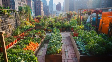 Fototapeta premium Urban farming transforms forgotten spaces in cities into productive gardens, growing fresh food locally