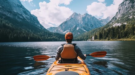 Traveler kayaking in the lake, mountains landscape