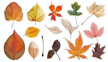 Obraz premium collection of various autumn leaves in different colors and shapes, showcasing beauty of fall foliage. leaves include shades of red, orange, yellow, and brown, creating vibrant display