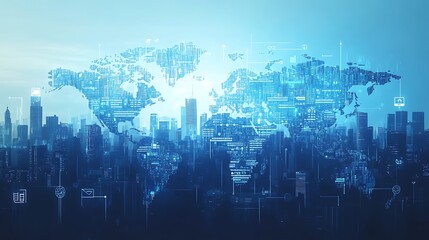 Digital map of the world with icons representing networking connection background