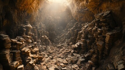 A Hidden Cave Filled with Stacks of Old Books and Dust, Bathed in Warm Sunlight Streaming Through the Opening of the Cave Entrance