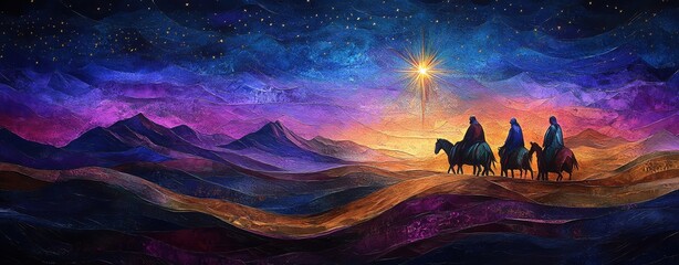 The Three wise men from the Bible travelling and following a bright star, Christmas nativity, 3 kings day holiday