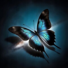 A dark fantasy illustration of a stunning butterfly with iridescent blue and black wings, delicately perched on a deep blue background.