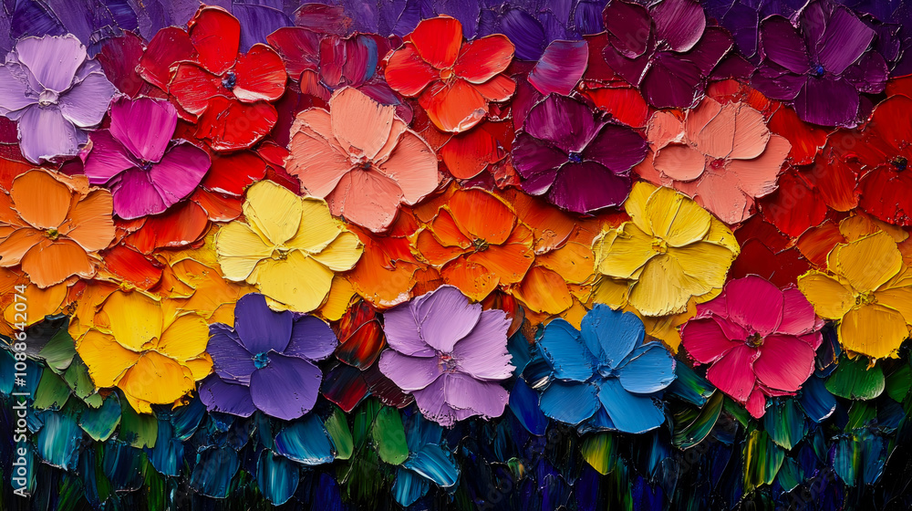 Poster A vibrant composition of flowers in various colors, displaying a lively array of petals and textures that create an abstract garden feeling