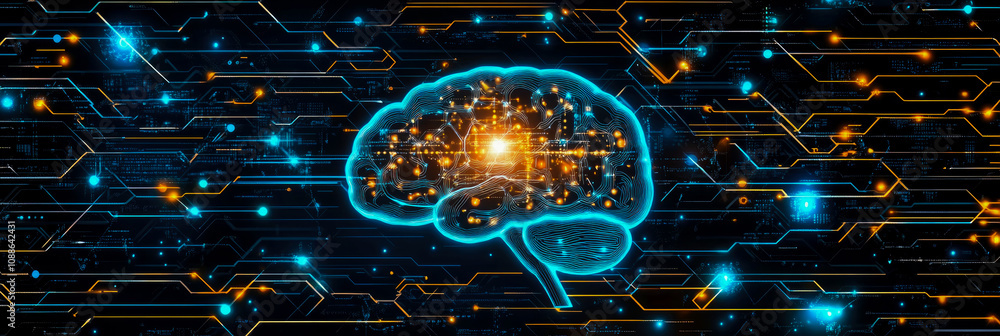 Poster glowing circuits and lights surround a stylized brain, symbolizing the connection between technology