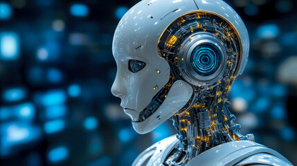 Fototapeta premium A humanoid robot with a sleek, metallic exterior and glowing blue components stands against a backdrop of digital screens, showcasing advanced technology