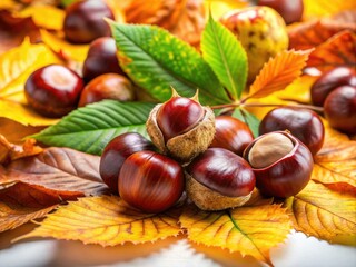 Capturing nature&acirc;&euro;&trade;s autumn beauty, chestnuts and vibrant leaves shine in low light against a pristine white background, showcasing the season's rich colors and textures.