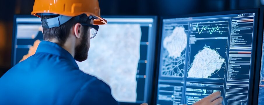 Petroleum engineer meticulously analyzing geological data on multiple screens in a modern office environment, showcasing advanced technology and expertise.
