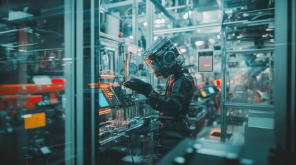 Fototapeta premium Advanced Robotics in a High-Tech Manufacturing Facility with an Operator in a Protective Helmet Engaged in Precision Work on Complex Machinery