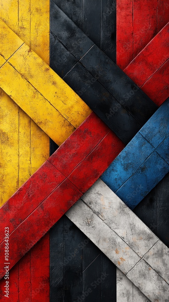Poster abstract design featuring diagonal colored stripes on a textured background.