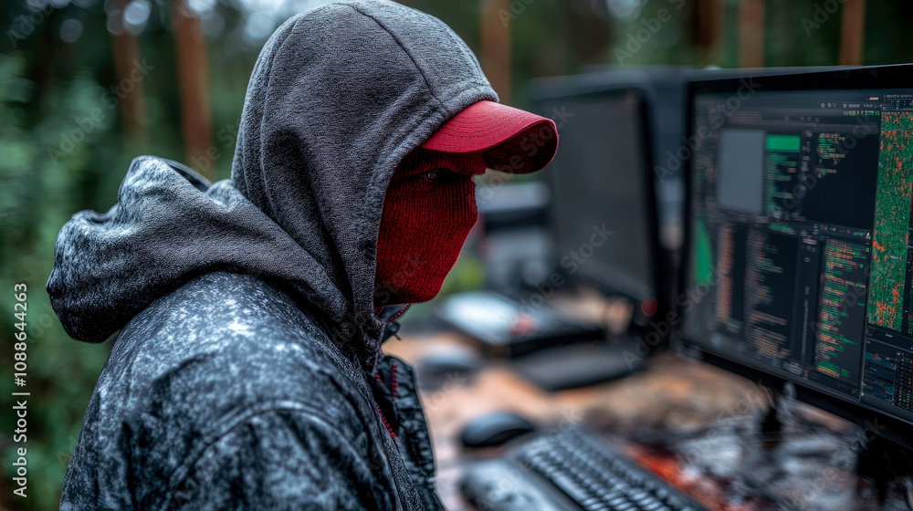 Poster a person wearing a hood and mask focuses on multiple computer screens amidst a serene forest environ