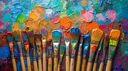 Colorful paintbrushes on textured canvas.