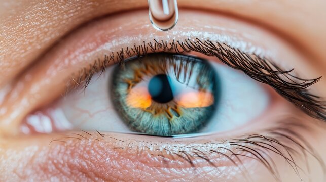 Artificial Tears For Eye Care Concept, Close-up Macro Shot of an Artificial Tear Dropper Applying Solution to a Human Eye in a Unique Artistic Perspective